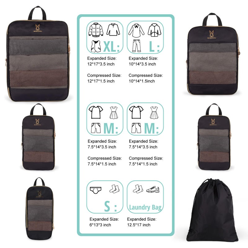 Bunnychill Expandable Compression Packing Cubes for Suitcases 6 Set Lightweight Compressible Travel Packing Organizer for Carry on Suitcase Organizer Bags Set as Travel Essentials for Women Black - Image 5